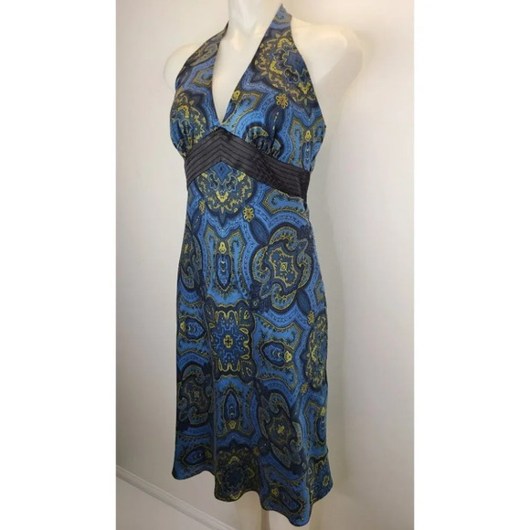 Laundry Shelli Segal 100% Silk Y2K V-neck Midi Halter Dress Blue Gold Regal 6 - Picture 5 of 13